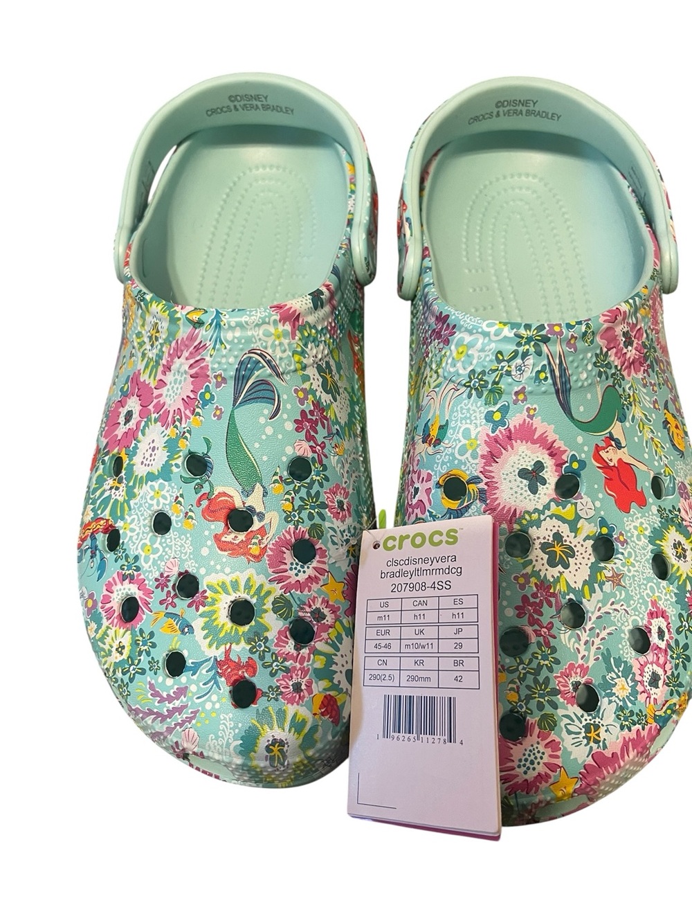 Crocs Disney Vera Bradley Floral Mint Green Ariel Little Mermaid  W13/M11 NWT